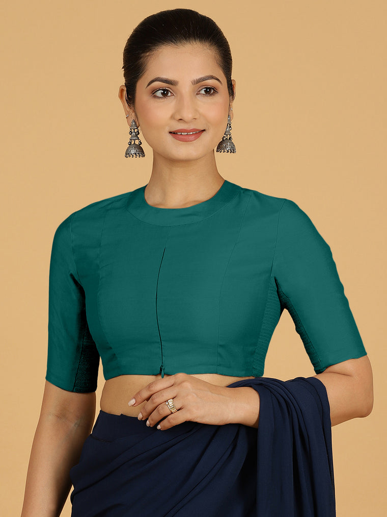 Farida x Rozaana Saree Blouse, in Green Viscose, featuring elbow sleeves and round neckline, made for daily & work.