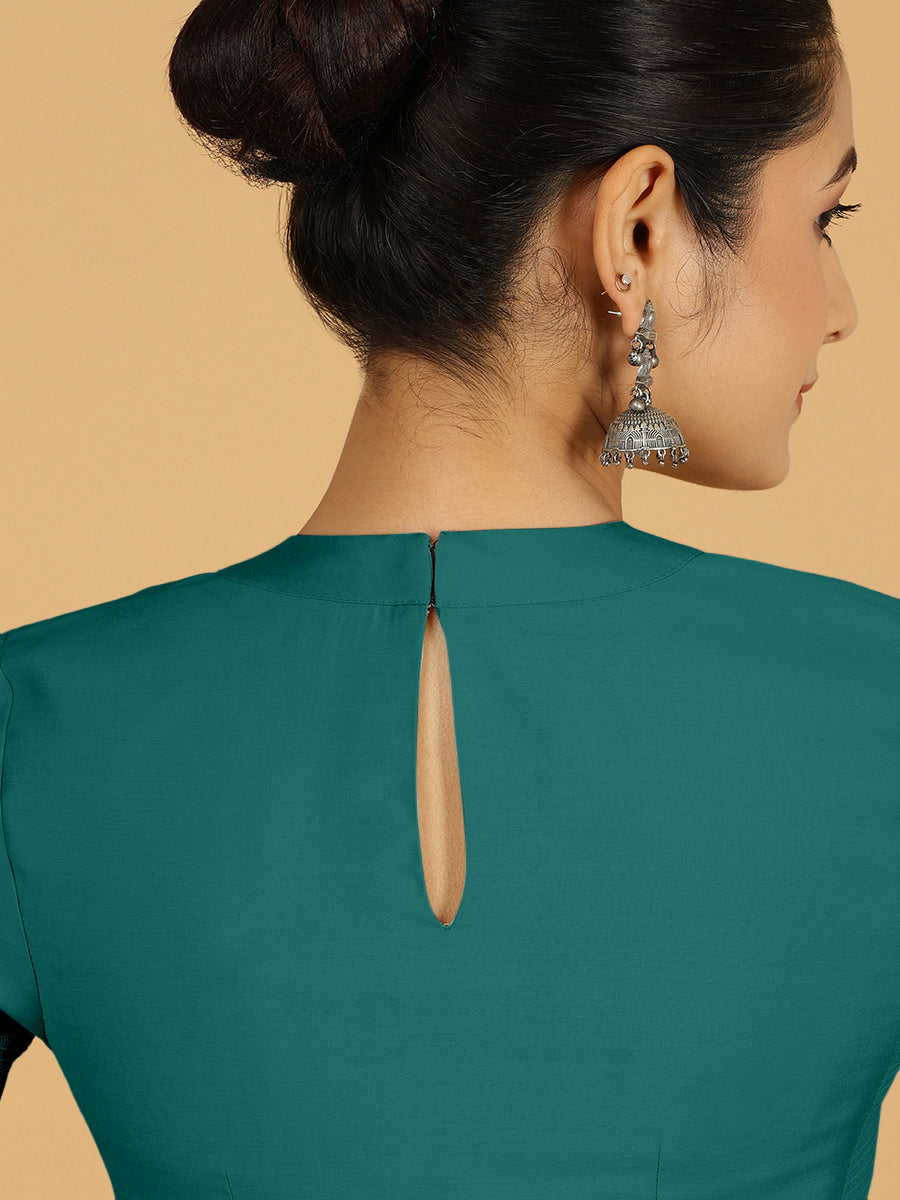 Farida x Rozaana Saree Blouse, in Green Viscose, featuring elbow sleeves and round neckline, made for daily & work (view 2).