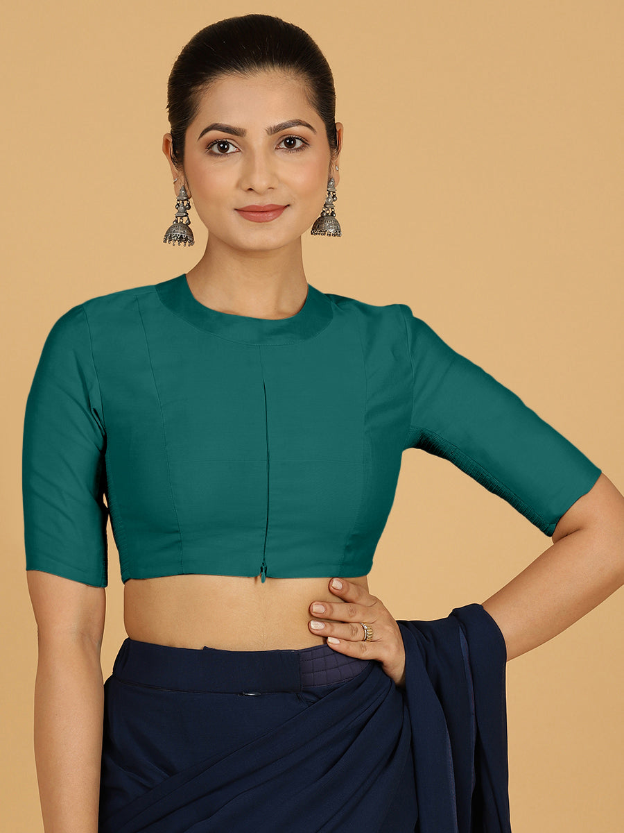 Farida x Rozaana Saree Blouse, in Green Viscose, featuring elbow sleeves and round neckline, made for daily & work (view 8).