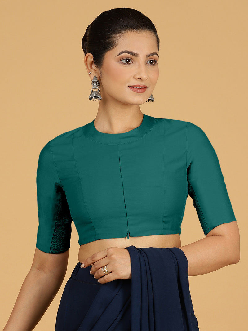 Farida x Rozaana | Regular Sleeves Saree Blouse in Peacock Green-Binks