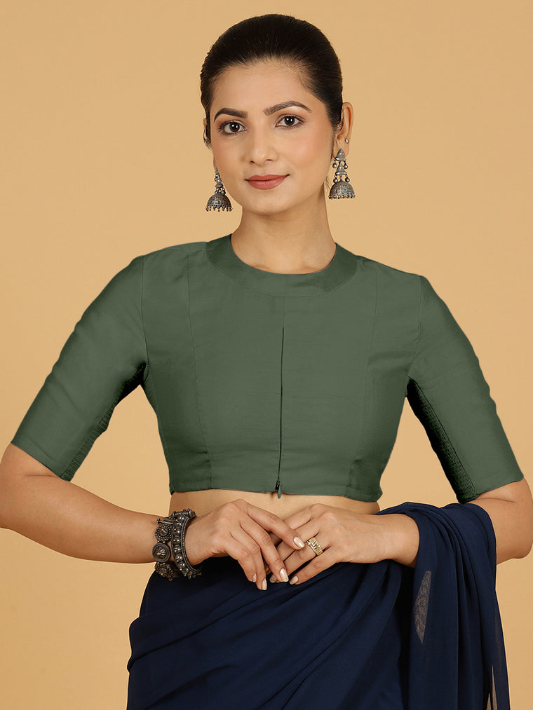 Farida x Rozaana Saree Blouse, in Green Viscose, featuring elbow sleeves and round neckline, made for daily & work.