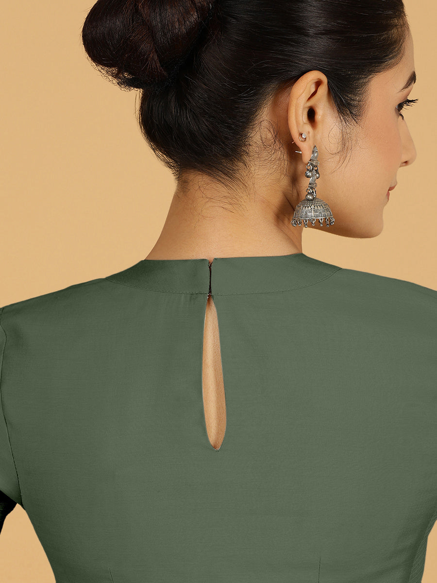 Farida x Rozaana Saree Blouse, in Green Viscose, featuring elbow sleeves and round neckline, made for daily & work (view 2).
