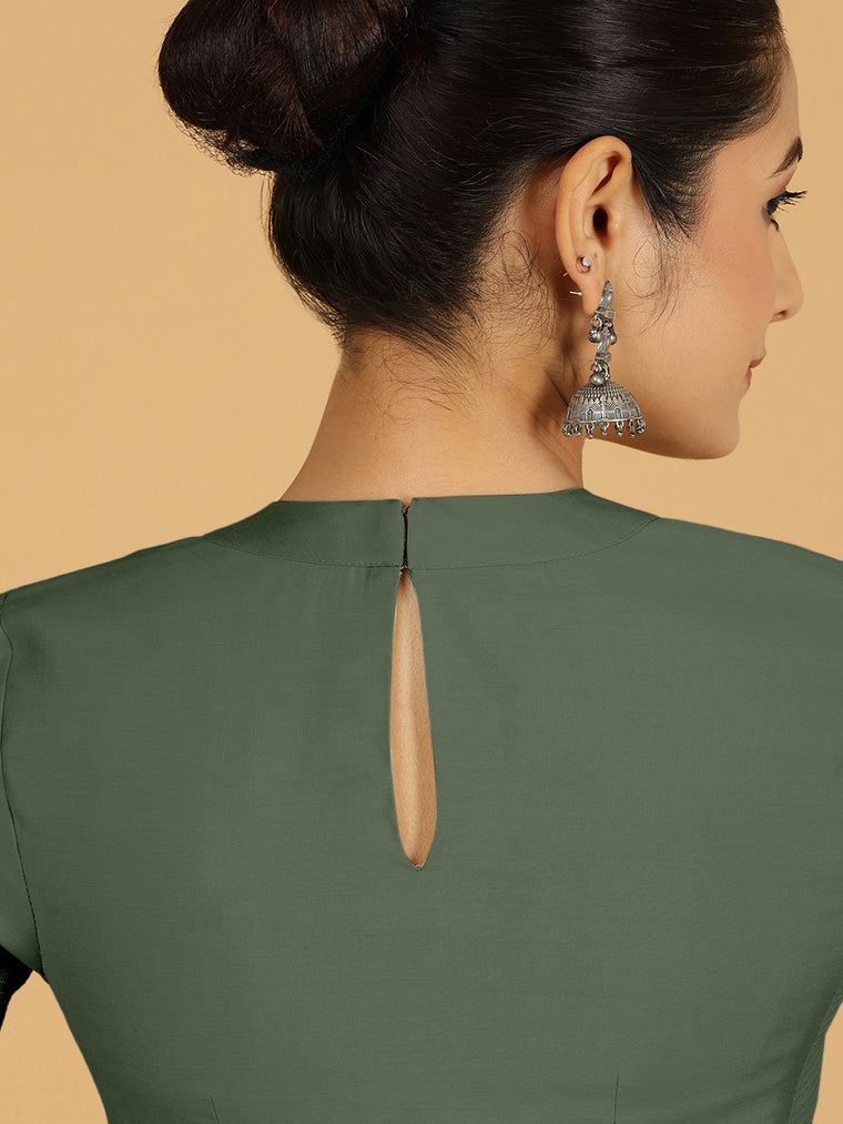 Farida x Rozaana Saree Blouse, in Green Viscose, featuring elbow sleeves and round neckline, made for daily & work (view 2).