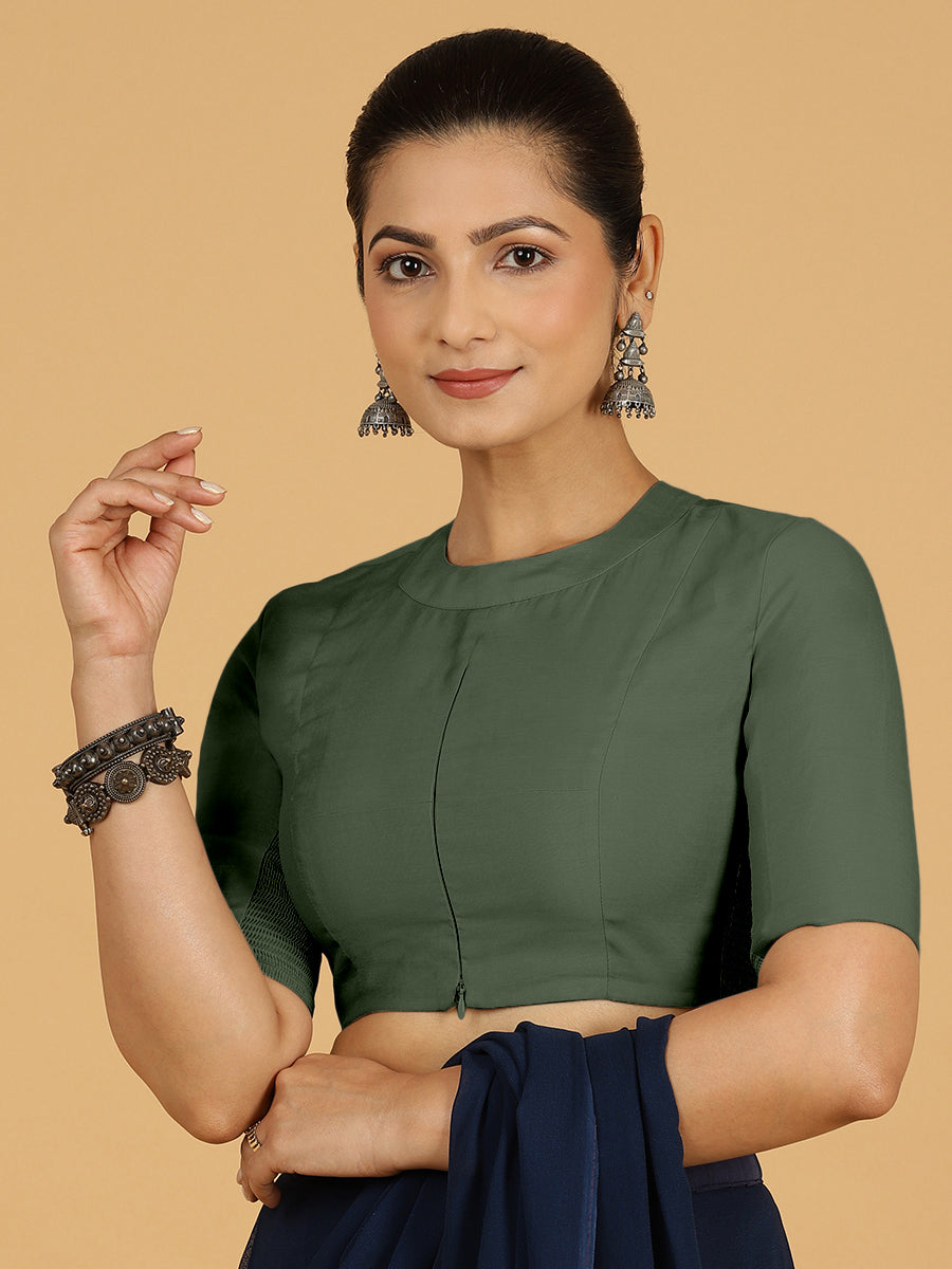 Farida x Rozaana Saree Blouse, in Green Viscose, featuring elbow sleeves and round neckline, made for daily & work (view 7).