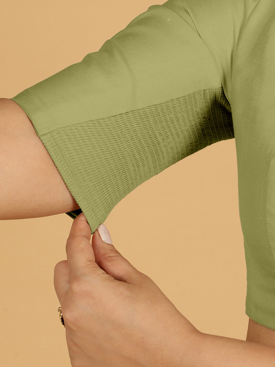 Farida x Rozaana Saree Blouse, in Green Viscose, featuring elbow sleeves and boat neckline, made for daily & work (view 4).