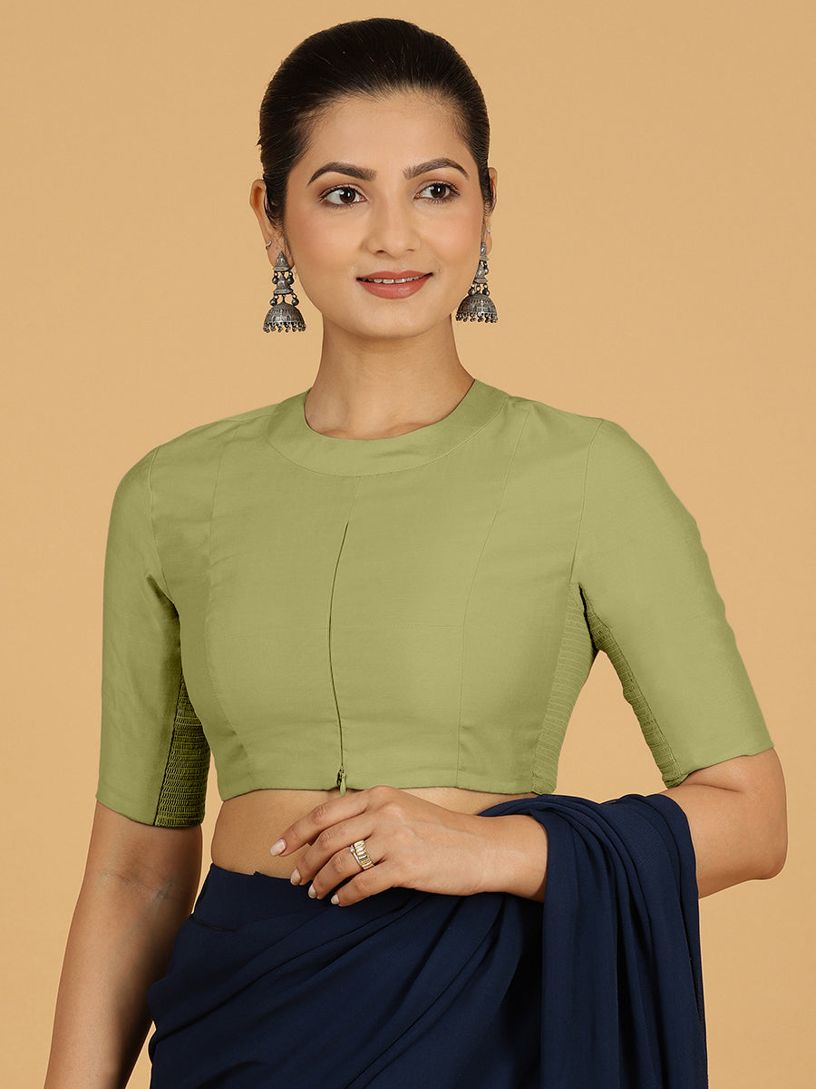 Farida x Rozaana Saree Blouse, in Green Viscose, featuring elbow sleeves and boat neckline, made for daily & work (view 6).