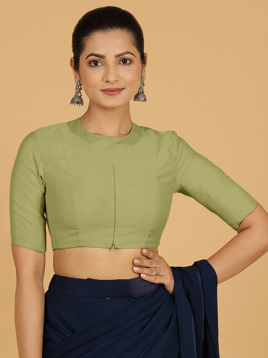 Farida x Rozaana Saree Blouse, in Green Viscose, featuring elbow sleeves and boat neckline, made for daily & work (view 8).