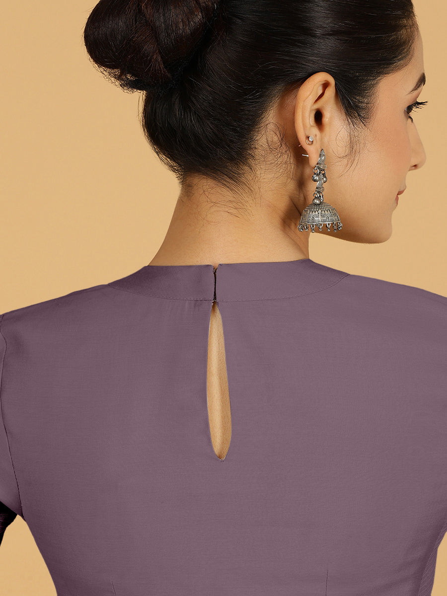 Farida x Rozaana Saree Blouse, in Purple Viscose, featuring elbow sleeves and round neckline, made for daily & work (view 2).