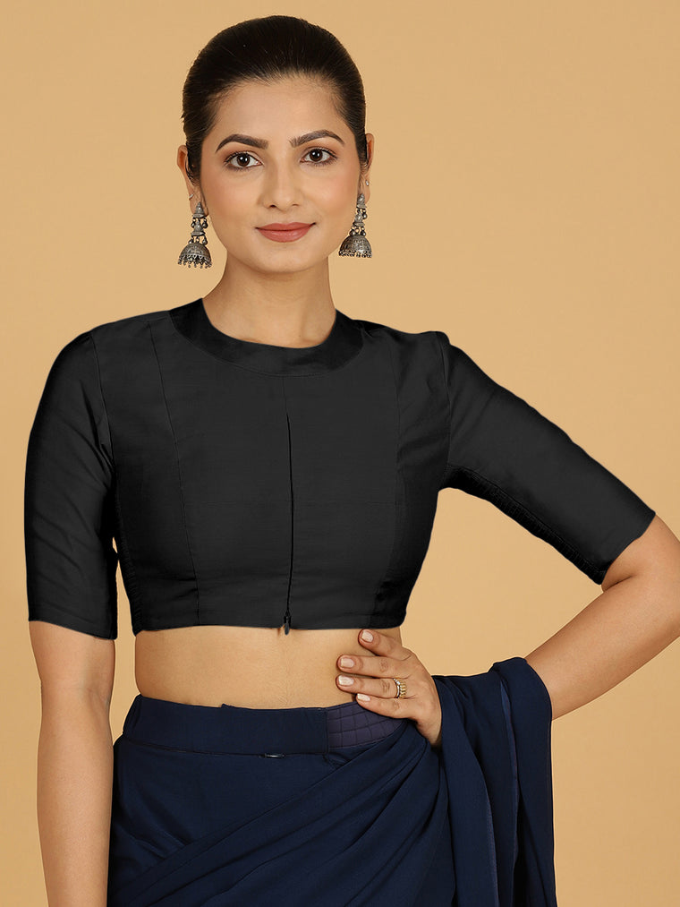 Farida x Rozaana Saree Blouse, in Black Viscose, featuring elbow sleeves and round neckline, made for daily & work.