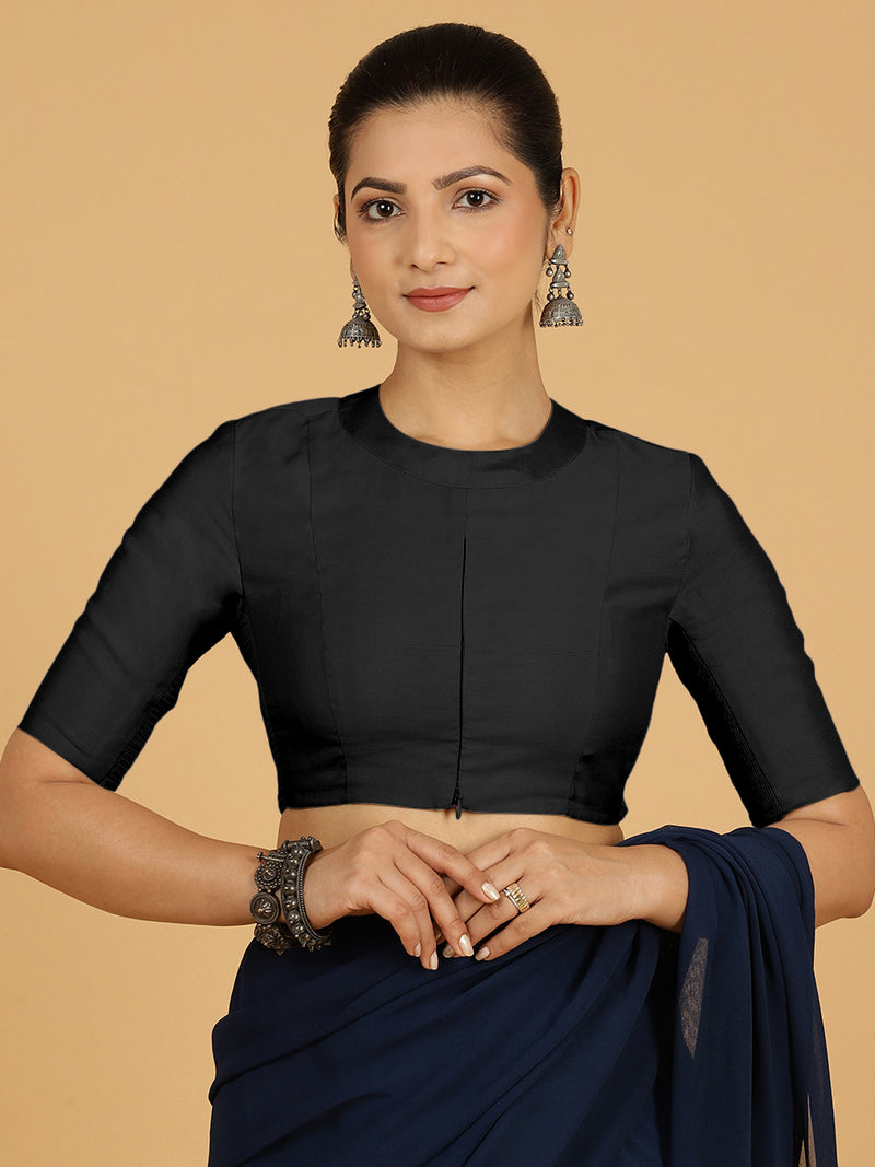 Farida x Rozaana | Regular Sleeves Saree Blouse in Raven Black-Binks