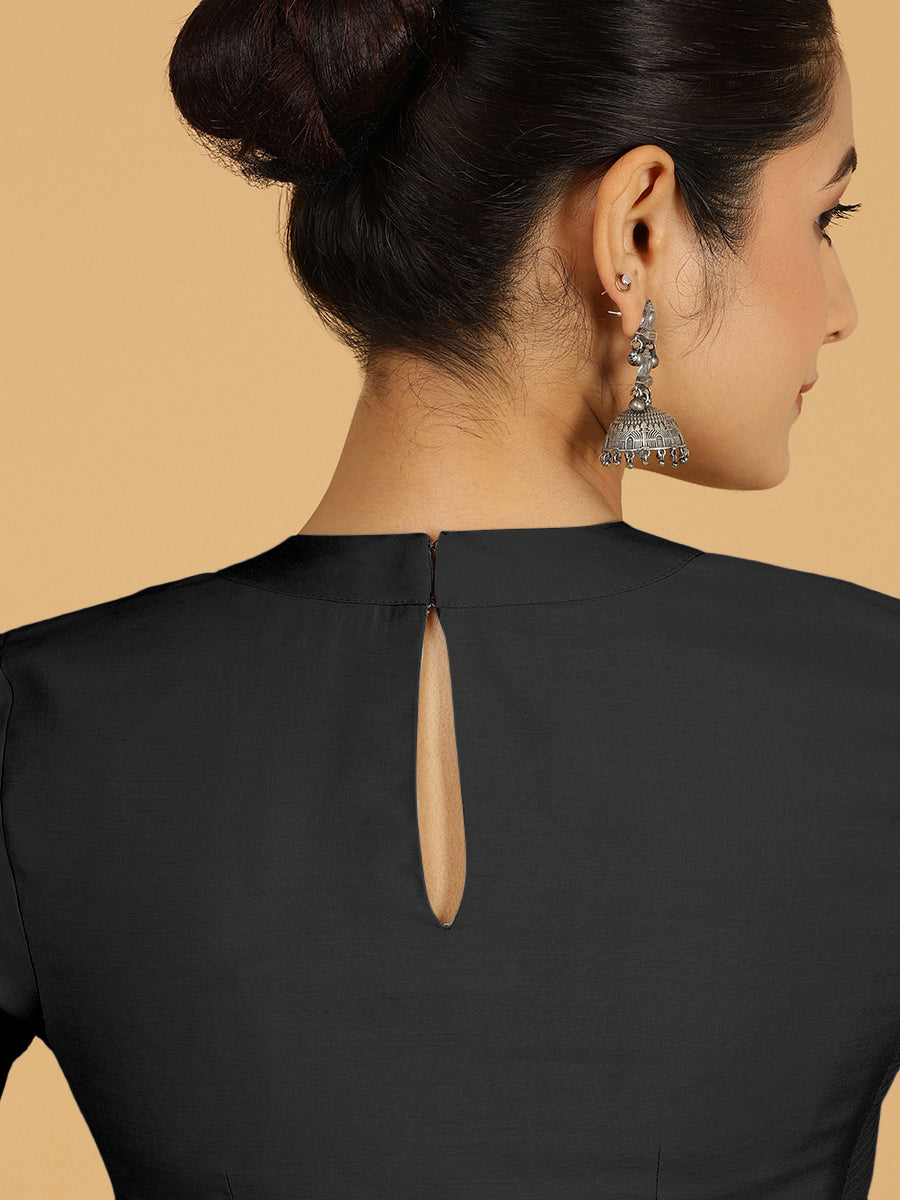 Farida x Rozaana Saree Blouse, in Black Viscose, featuring elbow sleeves and round neckline, made for daily & work (view 2).