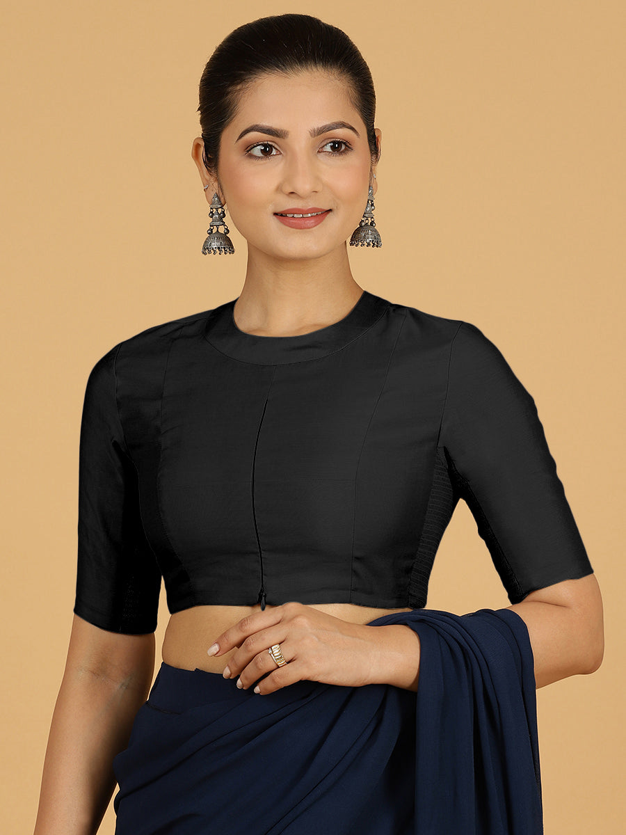 Farida x Rozaana Saree Blouse, in Black Viscose, featuring elbow sleeves and round neckline, made for daily & work (view 6).