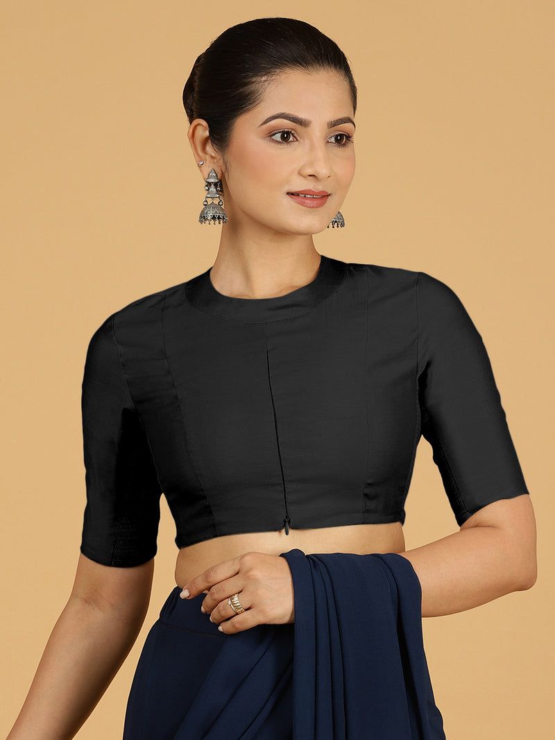 Farida x Rozaana | Regular Sleeves Saree Blouse in Raven Black-Binks