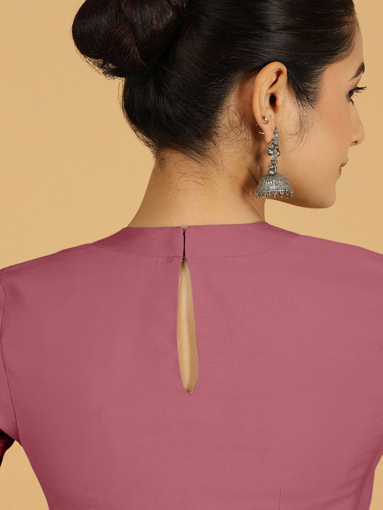 Farida x Rozaana Saree Blouse, in Pink Viscose, featuring elbow sleeves and round neckline, made for daily & work (view 2).