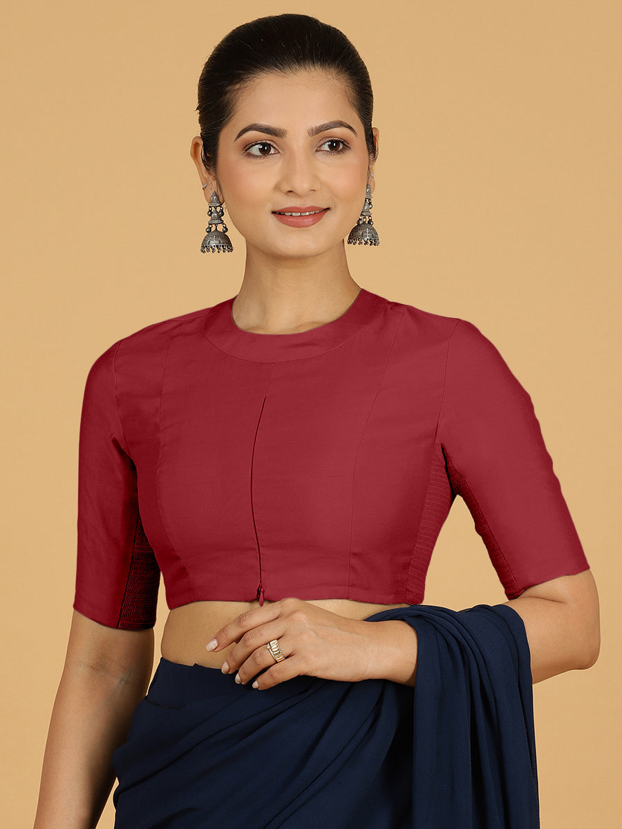 Farida x Rozaana Saree Blouse, in Red Viscose, featuring elbow sleeves and round neckline, made for daily & work (view 6).