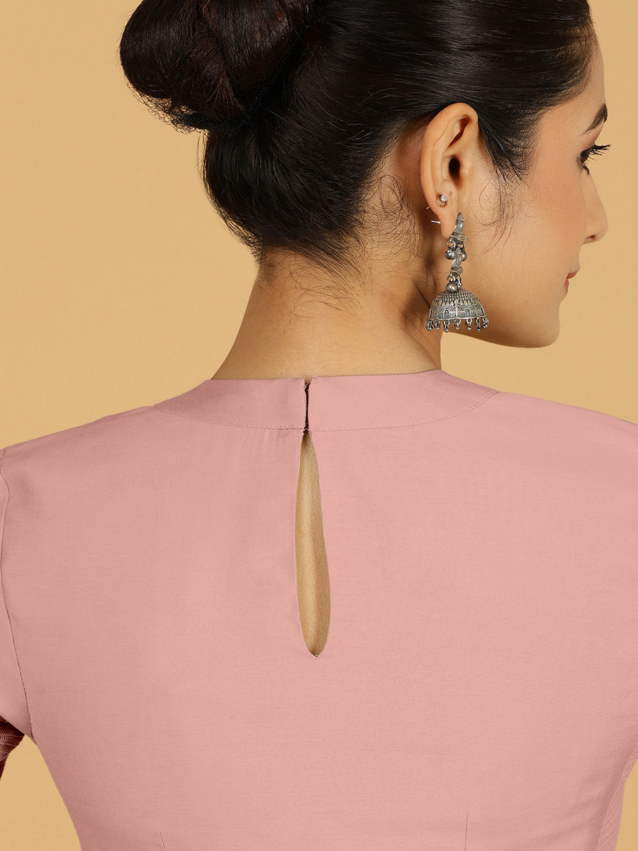 Farida x Rozaana Saree Blouse, in Pink Viscose, featuring elbow sleeves and round neckline, made for daily & work (view 2).