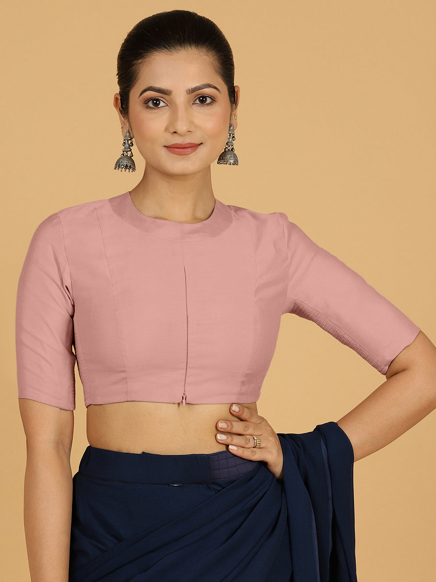 Farida x Rozaana Saree Blouse, in Pink Viscose, featuring elbow sleeves and round neckline, made for daily & work (view 8).