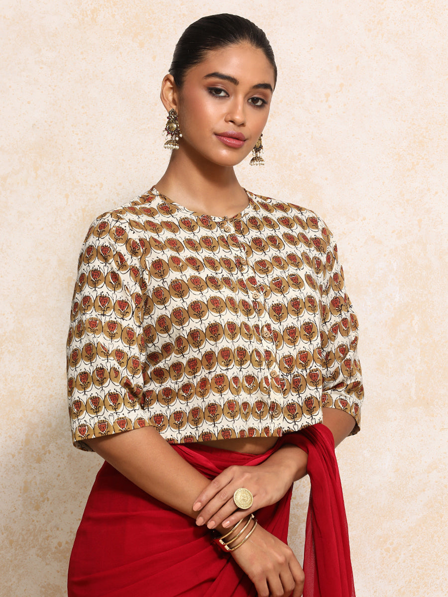 Farzana x Rozaana Saree Blouse, in Cream 100% Cotton - Block Printed, featuring elbow sleeves and jewel neckline.
