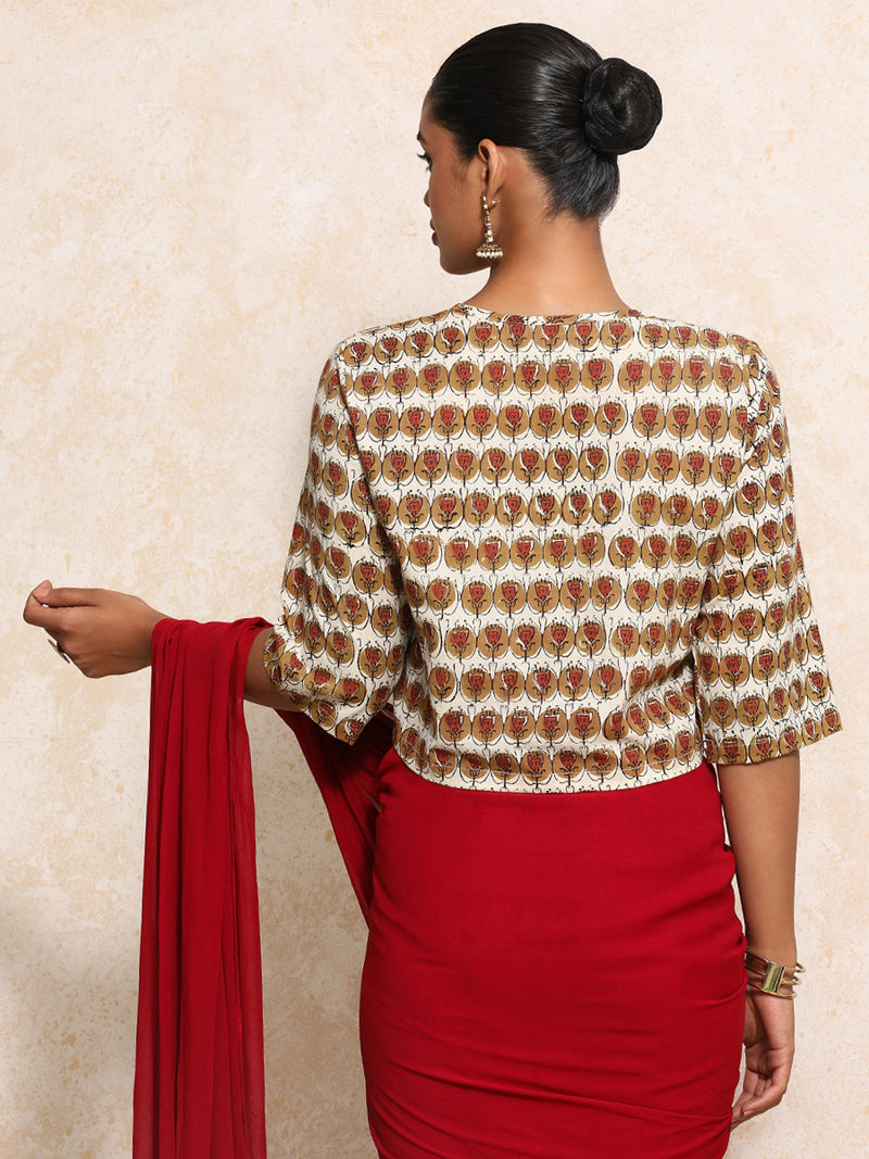 Farzana x Rozaana | Elbow Sleeves Saree Blouse in Cream Floral Block Print Cotton-Binks