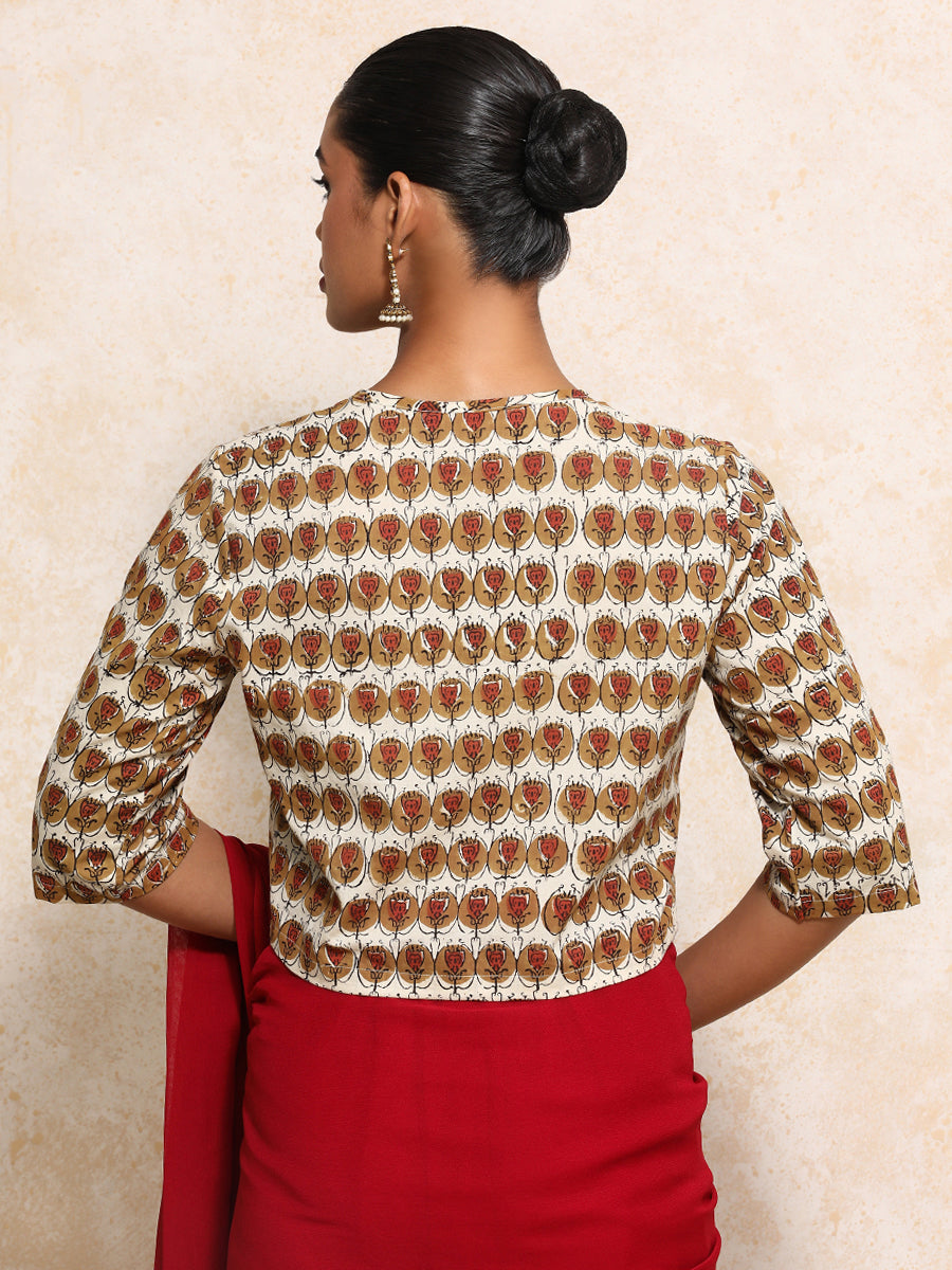 Farzana x Rozaana Saree Blouse, in Cream 100% Cotton - Block Printed, featuring elbow sleeves and jewel neckline (view 2).