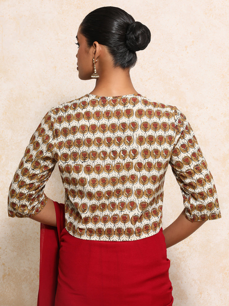 Farzana x Rozaana Saree Blouse, in Cream 100% Cotton - Block Printed, featuring elbow sleeves and jewel neckline (view 2).