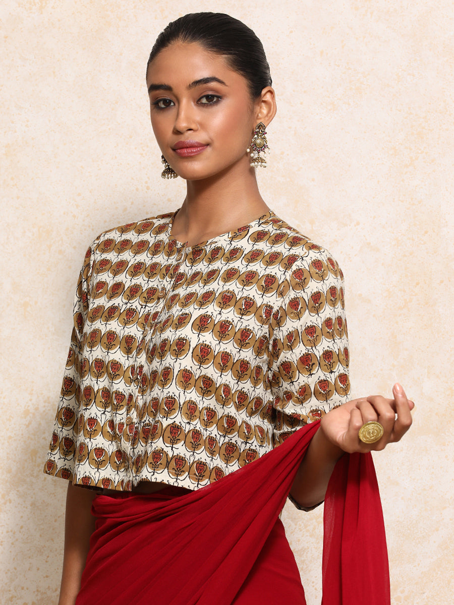 Farzana x Rozaana Saree Blouse, in Cream 100% Cotton - Block Printed, featuring elbow sleeves and jewel neckline (view 7).
