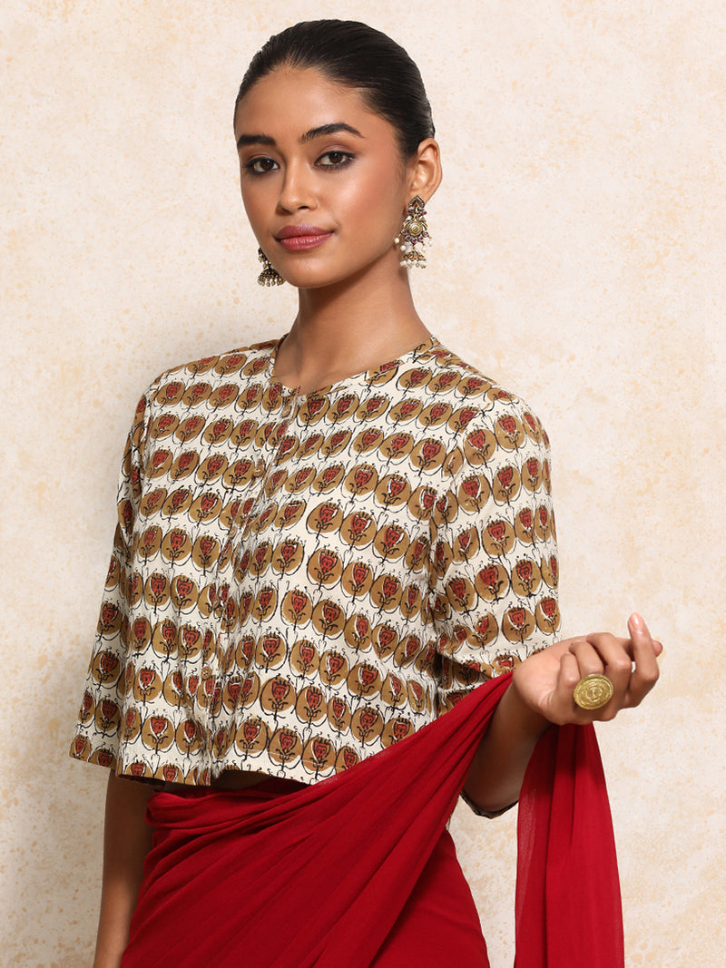 Farzana x Rozaana | Elbow Sleeves Saree Blouse in Cream Floral Block Print Cotton-Binks