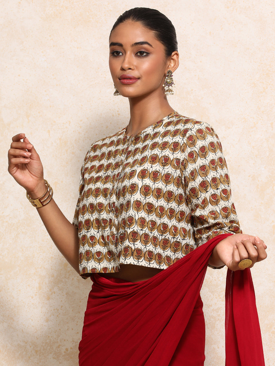 Farzana x Rozaana Saree Blouse, in Cream 100% Cotton - Block Printed, featuring elbow sleeves and jewel neckline (view 8).