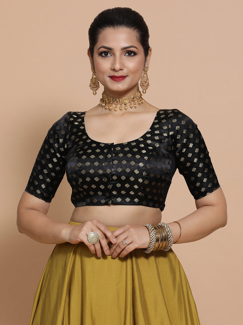 Fatima x Tyohaar | Elbow Sleeves Satin Viscose Saree Blouse in Black Butta Fabric-Binks