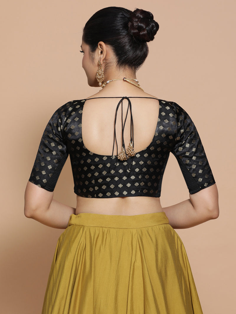 Fatima x Tyohaar | Elbow Sleeves Satin Viscose Saree Blouse in Black Butta Fabric-Binks