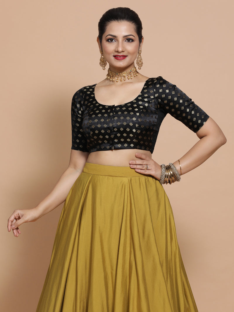 Fatima x Tyohaar | Elbow Sleeves Satin Viscose Saree Blouse in Black Butta Fabric-Binks