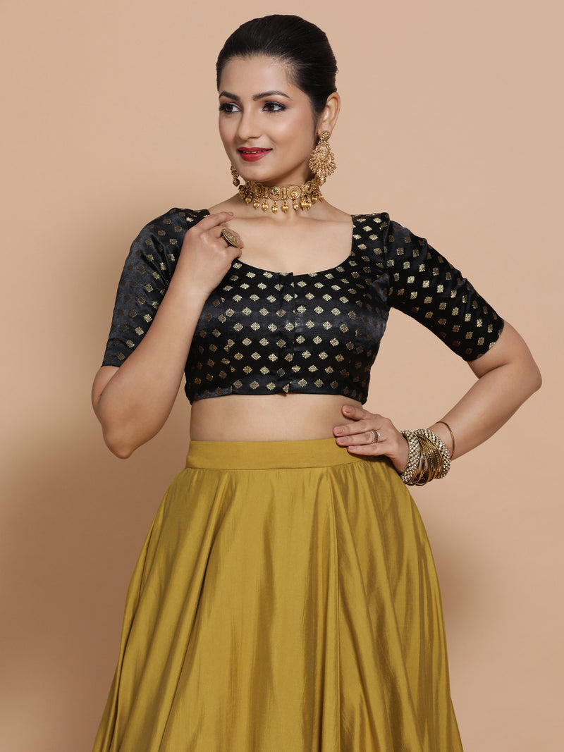 Fatima x Tyohaar | Elbow Sleeves Satin Viscose Saree Blouse in Black Butta Fabric-Binks