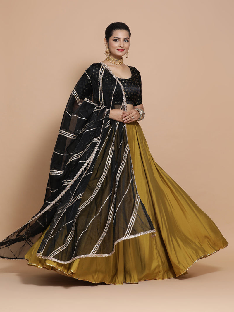 Fatima x Tyohaar | Elbow Sleeves Satin Viscose Saree Blouse in Black Butta Fabric-Binks