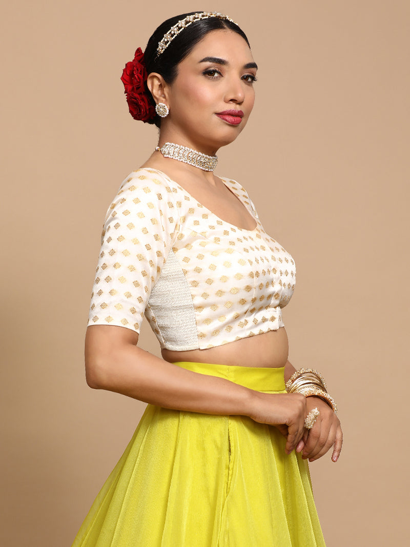 Fatima x Tyohaar | Elbow Sleeves Satin Viscose Saree Blouse in Cream Butta Fabric-Binks