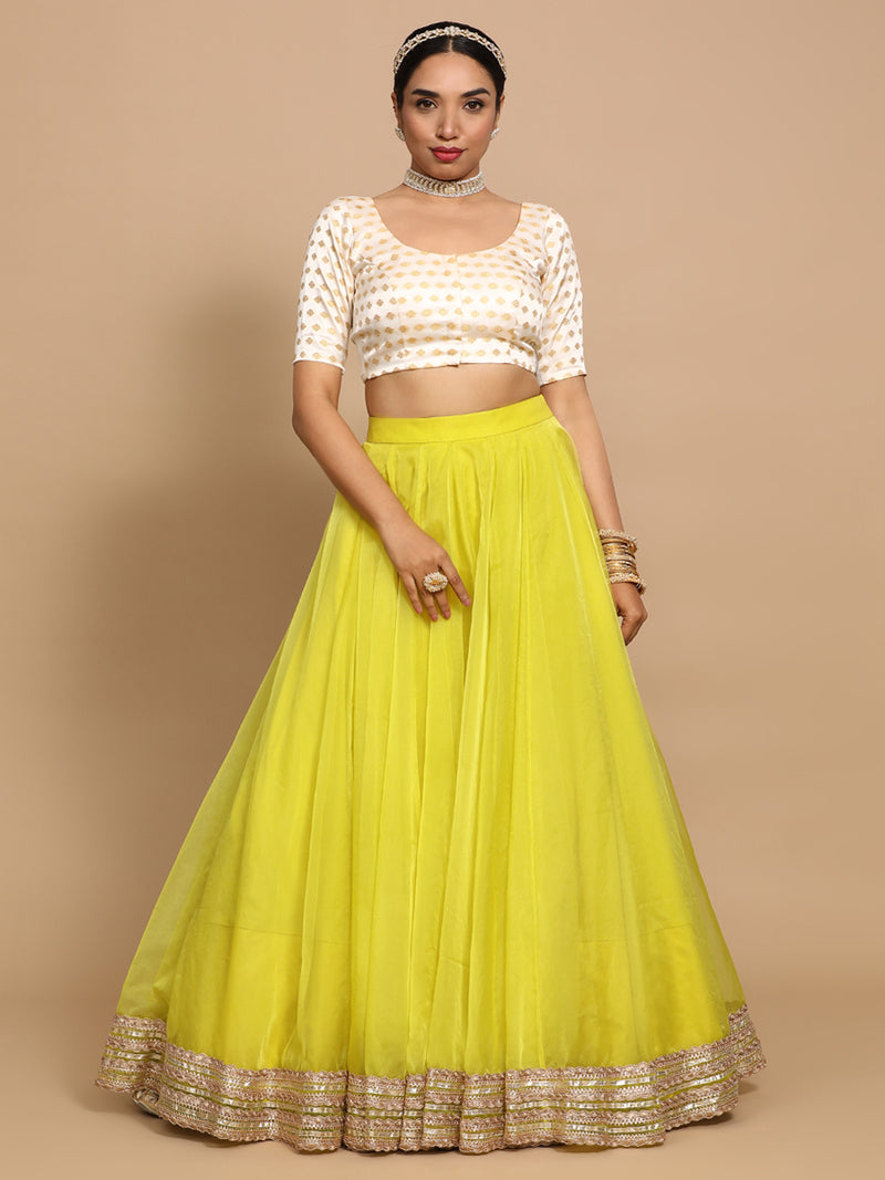 Fatima x Tyohaar | Elbow Sleeves Satin Viscose Saree Blouse in Cream Butta Fabric-Binks