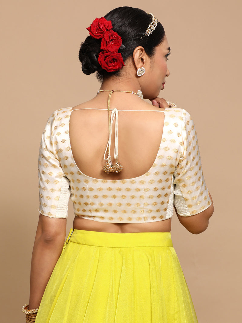 Fatima x Tyohaar | Elbow Sleeves Satin Viscose Saree Blouse in Cream Butta Fabric-Binks