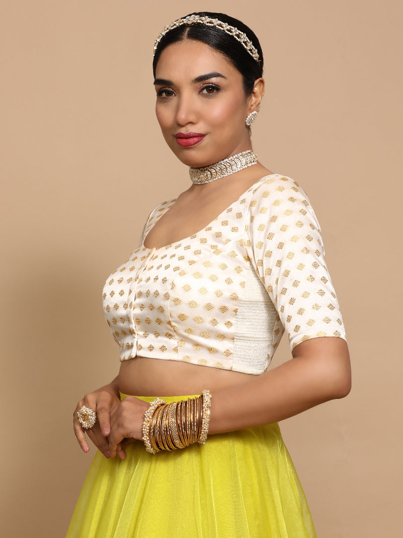 Fatima x Tyohaar | Elbow Sleeves Satin Viscose Saree Blouse in Cream Butta Fabric-Binks