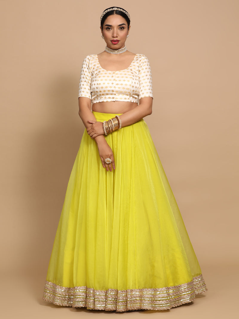 Fatima x Tyohaar | Elbow Sleeves Satin Viscose Saree Blouse in Cream Butta Fabric-Binks