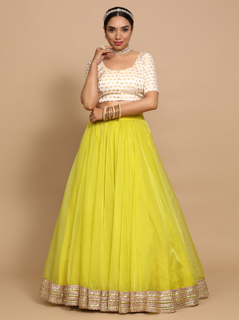 Fatima x Tyohaar | Elbow Sleeves Satin Viscose Saree Blouse in Cream Butta Fabric-Binks