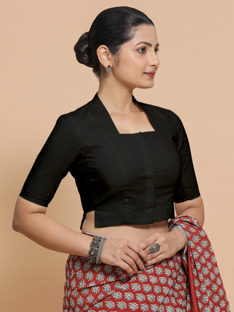 Ganga x Rozaana | Stylised Neck Black Plain Cotton Saree Blouse-Binks