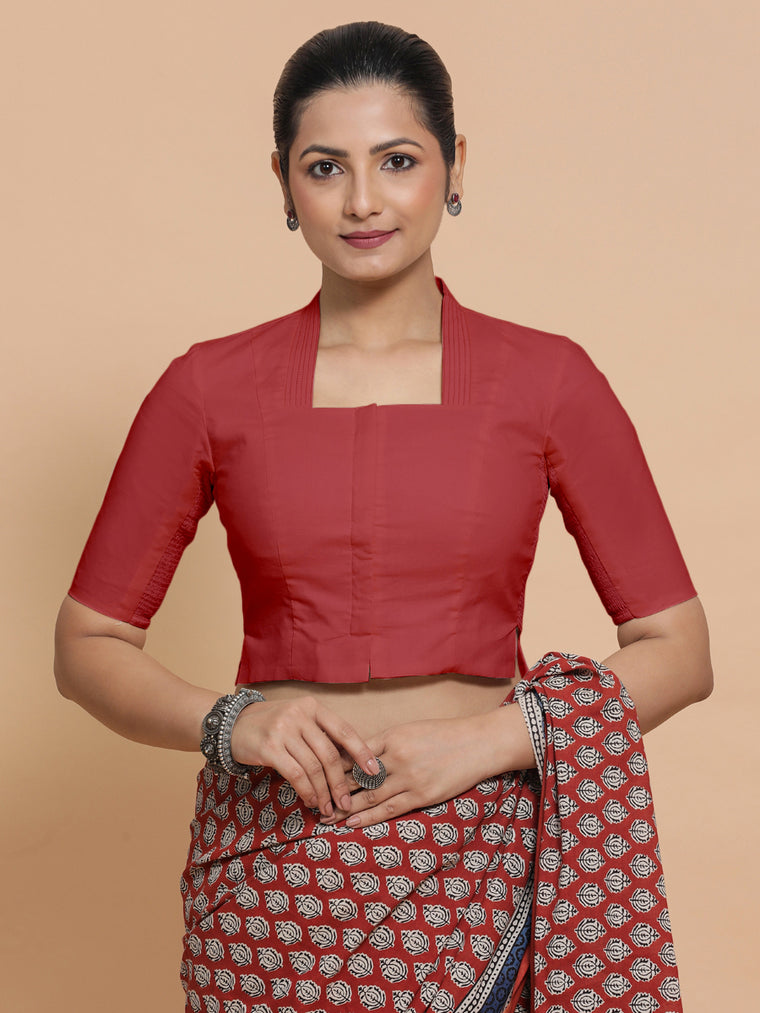 Ganga x Rozaana Saree Blouse, in Red 100% Cotton - Solid, featuring elbow sleeves and stylised neckline.