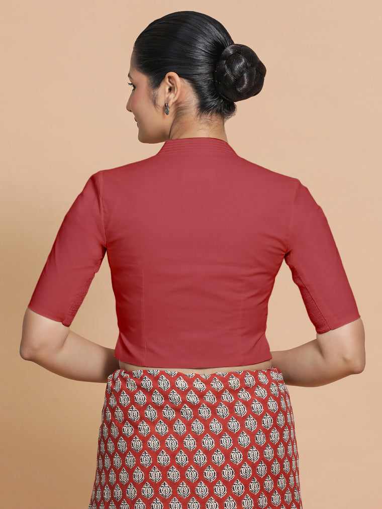 Ganga x Rozaana Saree Blouse, in Red 100% Cotton - Solid, featuring elbow sleeves and stylised neckline (view 2).