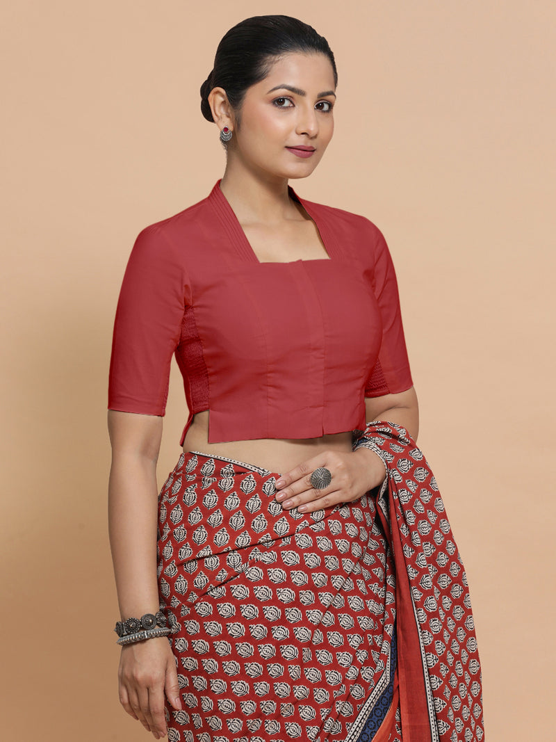 Ganga x Rozaana | Elbow Sleeves Saree Blouse in Carmine Red Plain Cotton-Binks