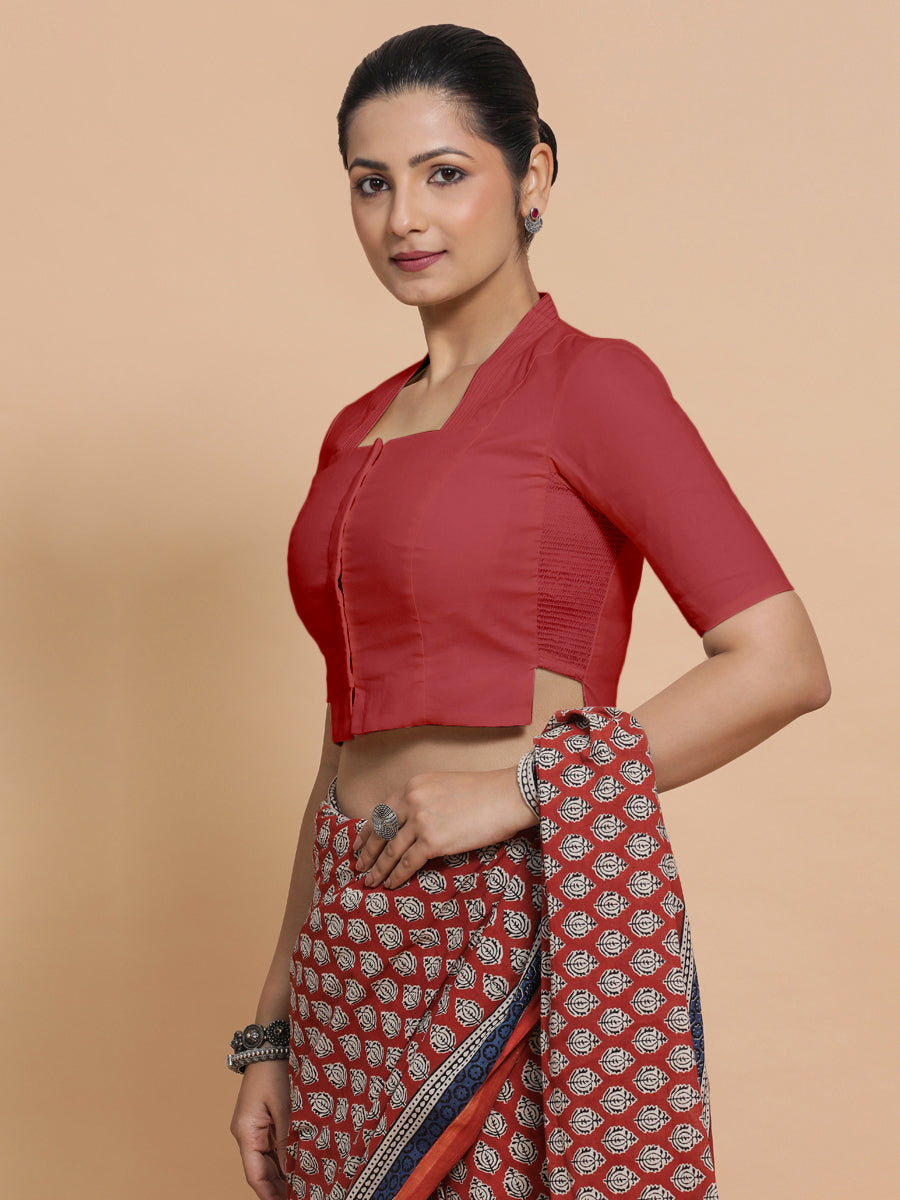 Ganga x Rozaana Saree Blouse, in Red 100% Cotton - Solid, featuring elbow sleeves and stylised neckline (view 8).