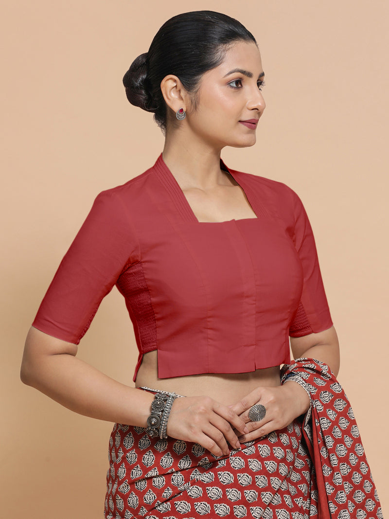 Ganga x Rozaana | Elbow Sleeves Saree Blouse in Carmine Red Plain Cotton-Binks
