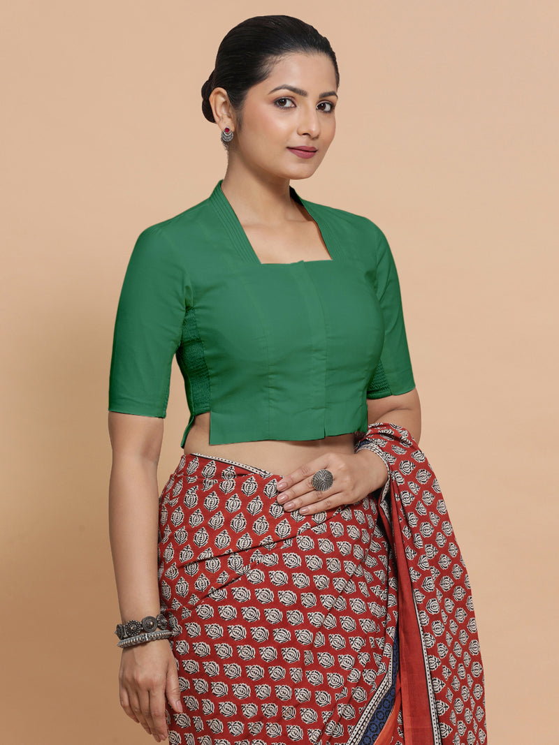 Ganga x Rozaana | Elbow Sleeves Saree Blouse in Castleton Green Plain Cotton-Binks