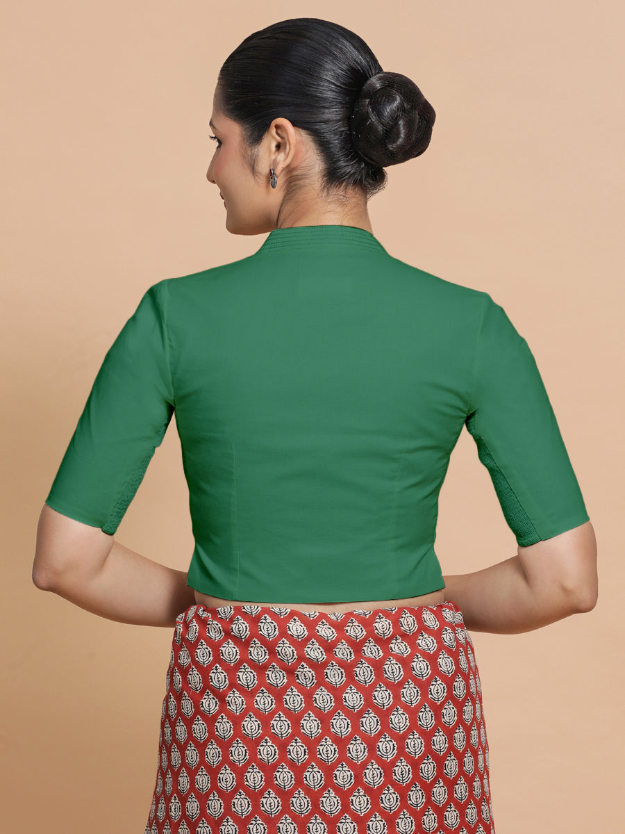 Ganga x Rozaana Saree Blouse, in Green 100% Cotton - Solid, featuring elbow sleeves and stylised neckline (view 2).