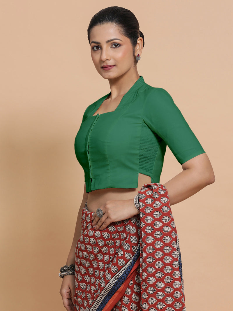 Ganga x Rozaana | Elbow Sleeves Saree Blouse in Castleton Green Plain Cotton-Binks