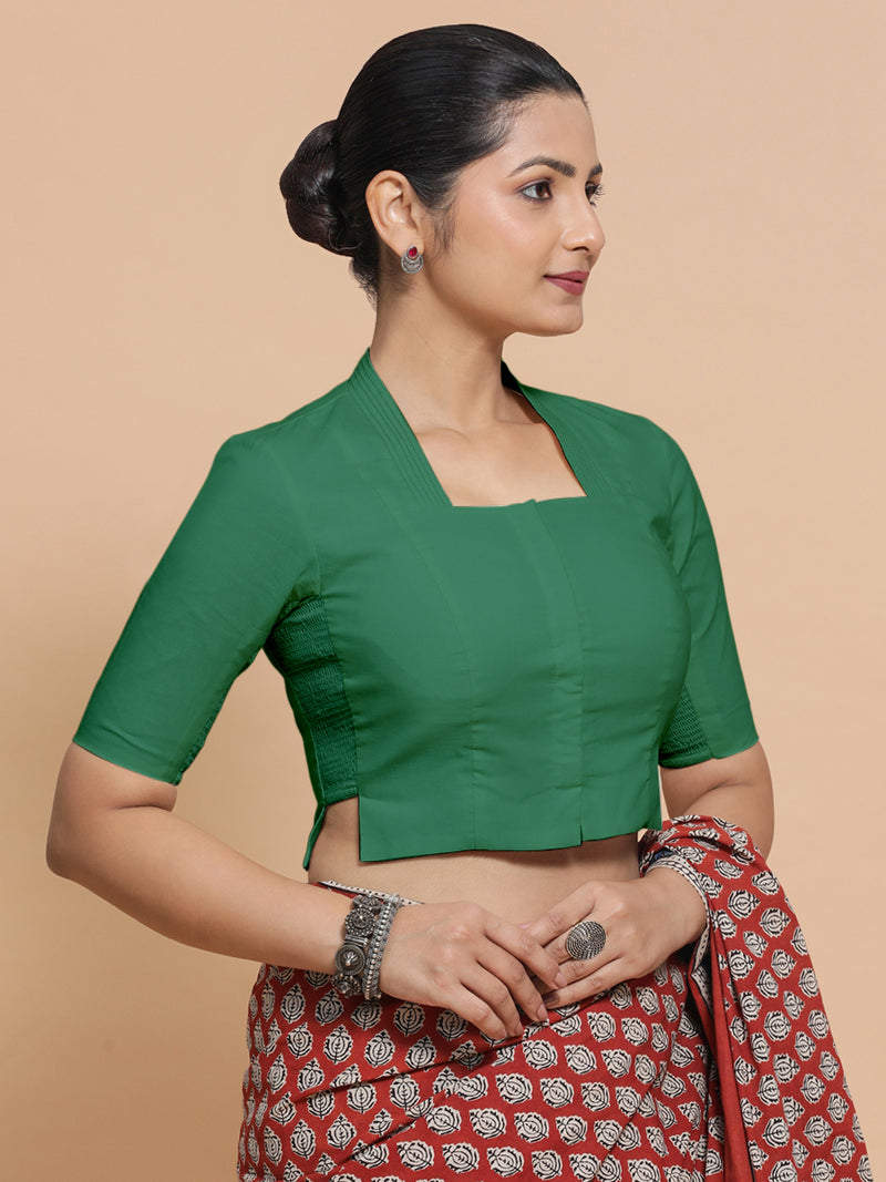 Ganga x Rozaana | Elbow Sleeves Saree Blouse in Castleton Green Plain Cotton-Binks
