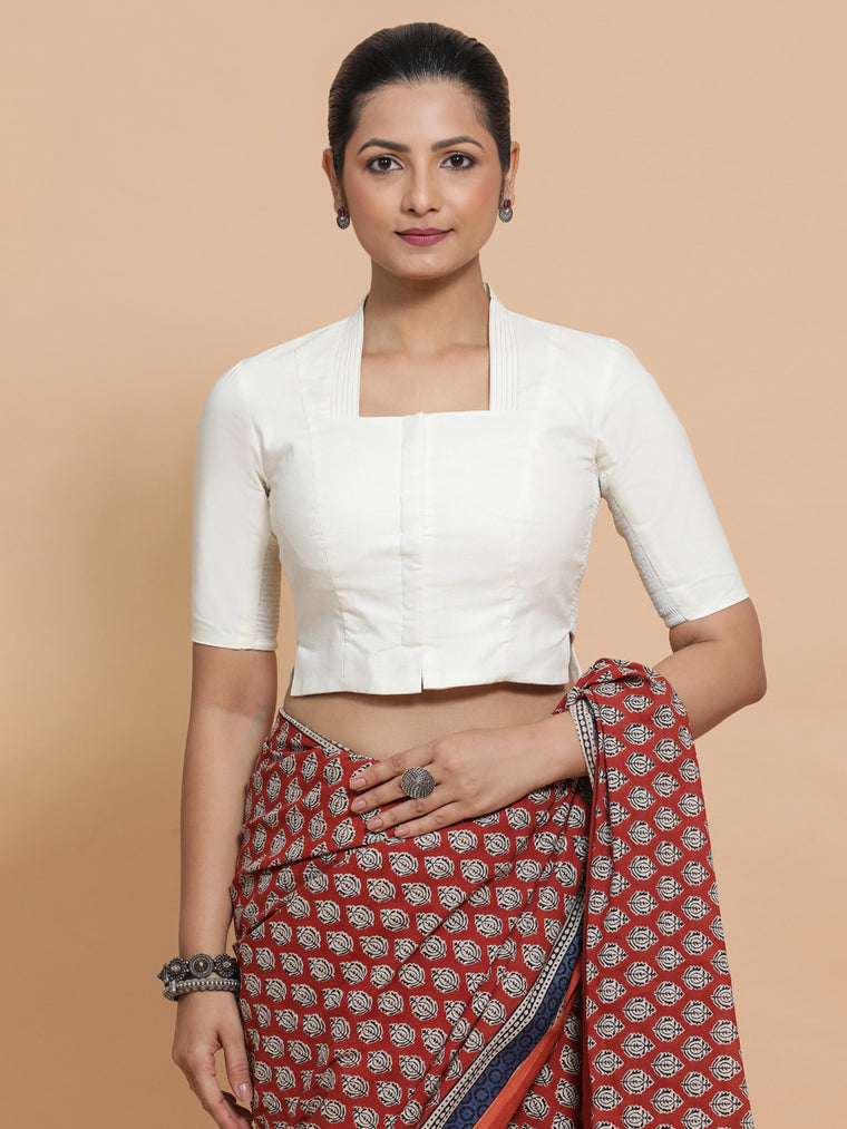 Ganga x Rozaana Saree Blouse, in White Cotton, featuring elbow sleeves and stylised neckline, made for daily & work.